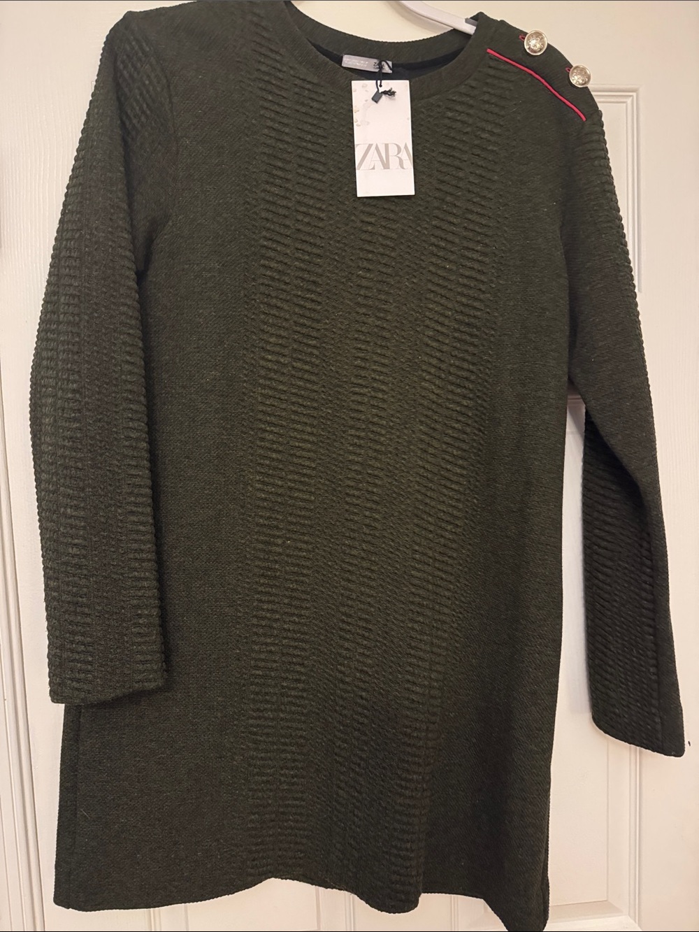 NWT ZARA Sweater Dress in Army Green with gold buttons and red trim-size large